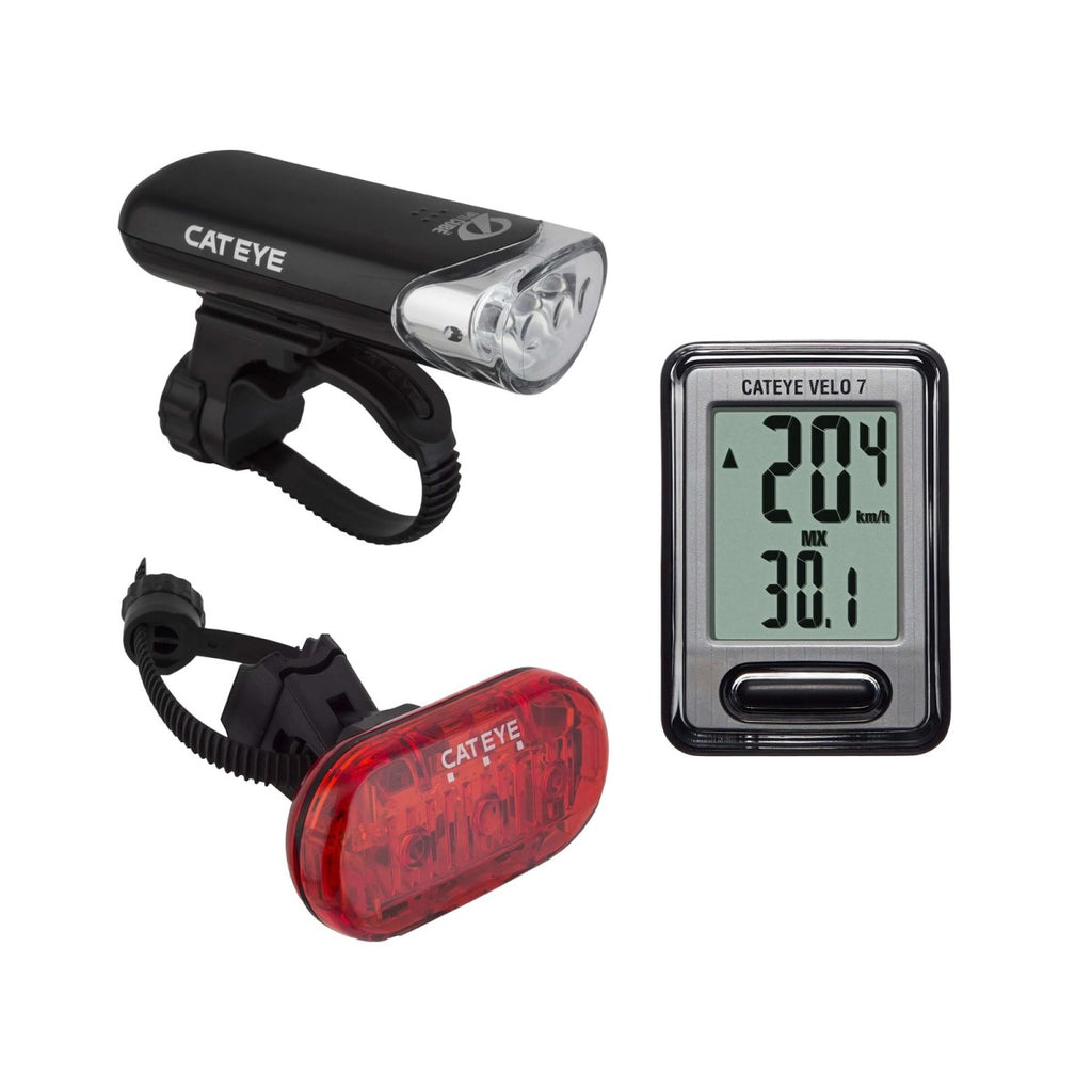 CatEye Lights & Cycle Computer Combo | HL-EL-135N/OMINI-3/Velo-7 GS-12-1 (External Battery) - Cycling Boutique