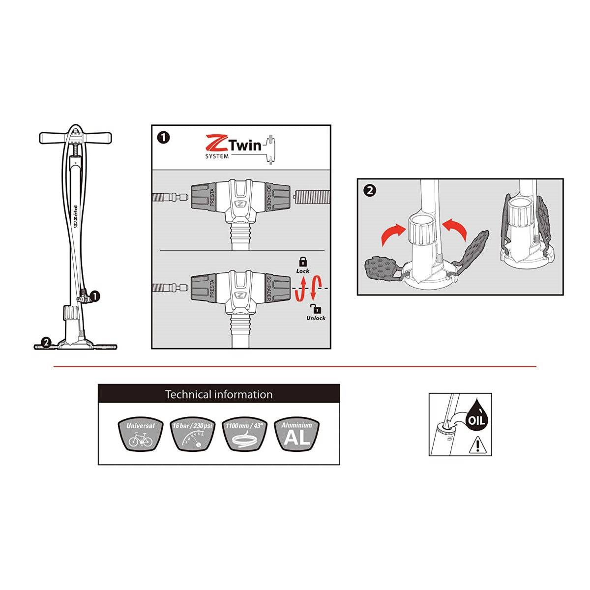 Zefal Floor Pump | Husky Z-Twin, w/ PSI/Bar Gauge 230PSI | Cycling Boutique